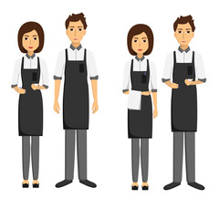 Set of waiters, girls and men written and with towels on their hands. Taking order. Illustration on transparent background