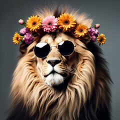 Beautiful cool lion portrait in sunglasses with flowers on head