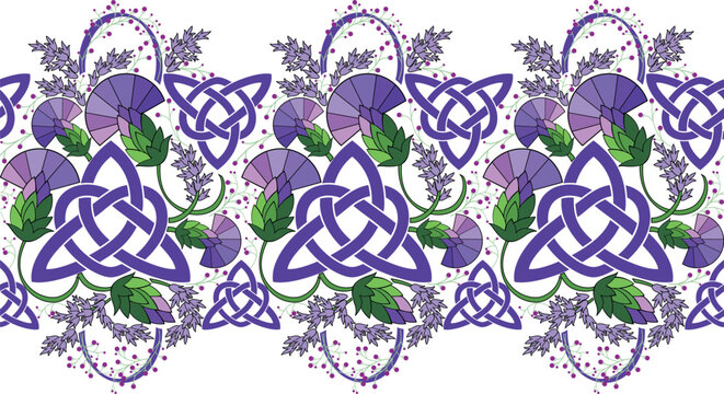 Scottish Highland thistle seamless border vector design in pink, purple and green