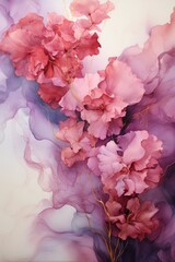 An abstract floral background with pink and purple swirls and graceful flower petal shapes. Generative AI. 