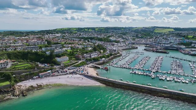 Brixam Harbour and Brixham Marina from a drone, Brixham, Torbay, Devon, England, Europe