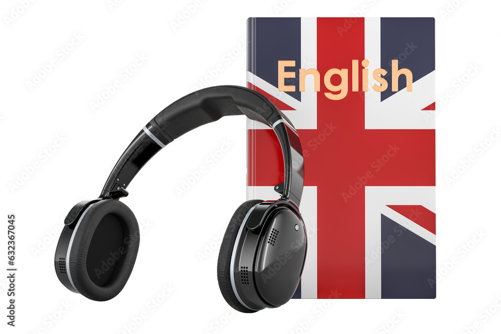 Poster English language textbook with headphones. Learn English language, classes. 3D rendering isolated on transparent background