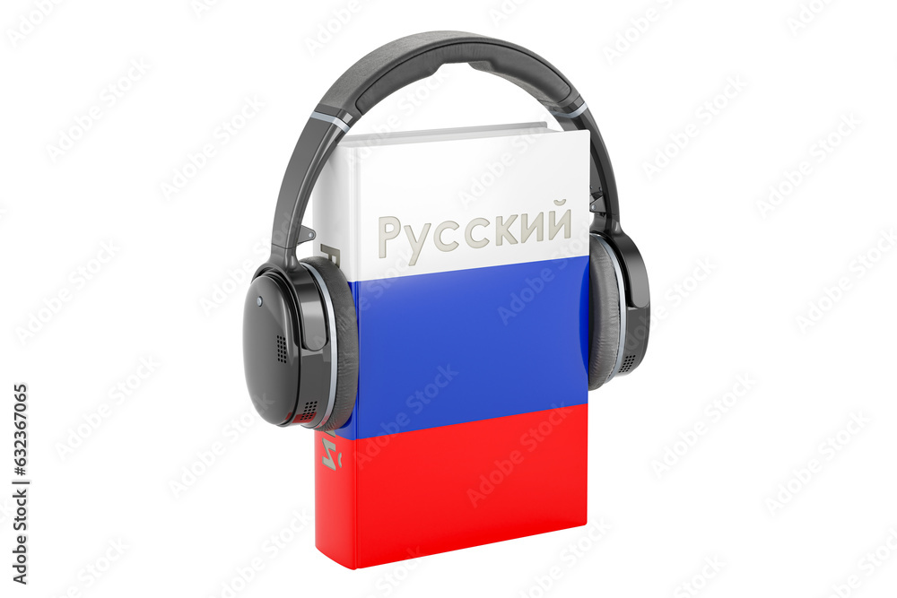Poster russian language textbook with headphones. learn russian language, classes. 3d rendering isolated on