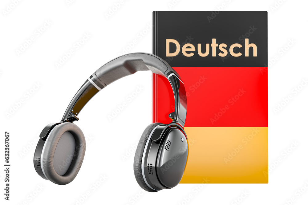 Poster german language textbook with headphones. learn german language, classes. 3d rendering isolated on t