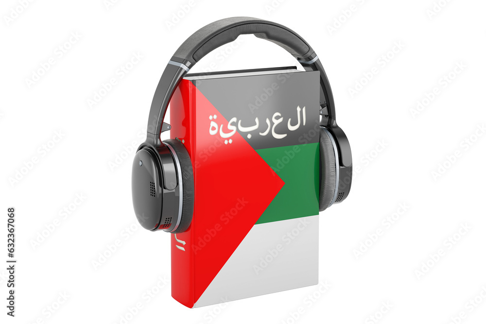 Poster arabic language textbook with headphones. learn arabic language, classes. 3d rendering isolated on t