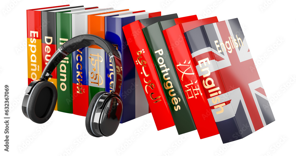 Poster headphones and language textbooks, language courses concept. 3d rendering isolated on transparent ba