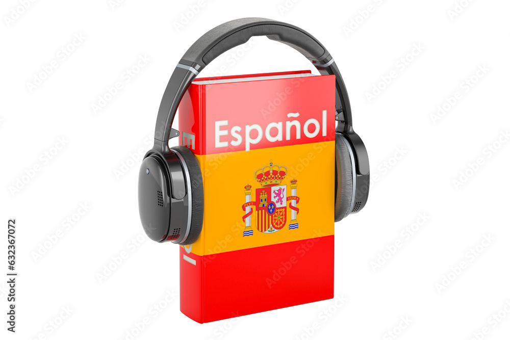 Poster spanish language textbook with headphones. learn spanish language, classes. 3d rendering isolated on