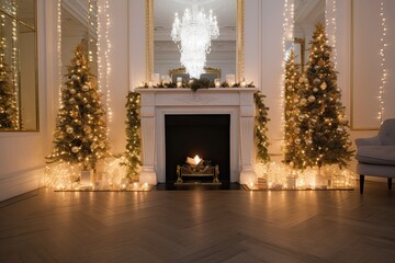 Beautiful fireplace and Christmas tree in a stylish living room, blurred. Generative AI