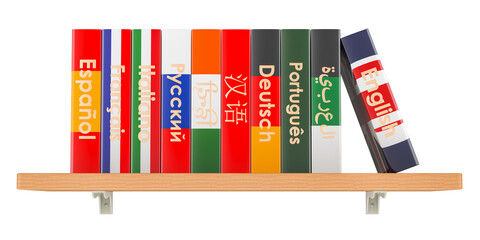 Bookshelf with different language textbooks or dictionaries, 3D rendering isolated on transparent background
