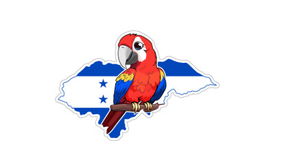 Vector cartoon sticker with a scarlet macaw parrot and the Honduras flag
