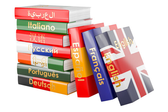 Languages Books. Textbooks or dictionaries with different flags. 3D rendering isolated on transparent background
