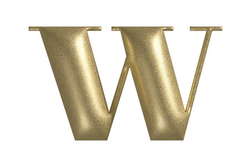 Letter W 3d realistic gold texture. Metal, inflate, lower case w serif font, isolated on transparent background.