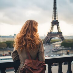 Young woman, Back view, Eiffel Tower, Paris, Travel, Wanderlust, Adventure, Tourist, Sightseeing, Cityscape, Landmark, Iconic, Dreamy, Contemplation, Vacation, Romance, Explore, European destination, 
