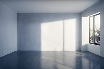 blue-gray Wall Background with sunlight in Empty Room. window, shadow. generative ai