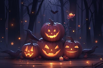 happy halloween banner Festive background with realistic 3D pumpkins