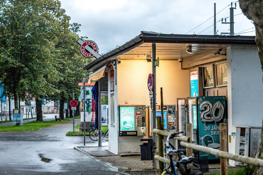 Bregenz, Austria - August 06th 2023: A trafik tobacco shop and kiosk in Austria at a rainy day