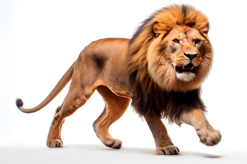 Lion isolated on white background running. Animal left side portrait.