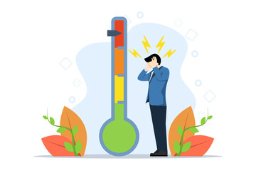 Concept of emotional overload, stress level, burnout, increased productivity, drain, boring, positive, frustrated employee at work. Frustrated man near mood scale. Vector illustration in flat design.