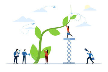 people plant trees. phytomodule for domestic agriculture. ecological garden conceptual, people watering and caring for planted trees, upward growing vector, vector illustration.