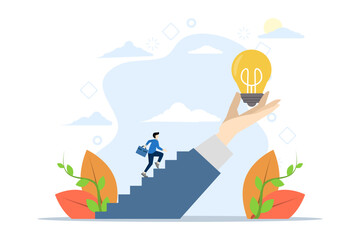 Obraz premium inspirational Idea concept to inspire or motivate people to success, business innovation or creativity, solution or invention, businessman steps in big hand holding bright light bulb that inspires.
