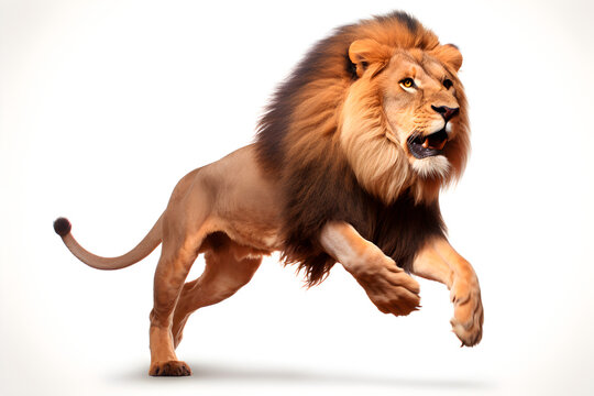 Lion isolated on white background jumping. Animal side view portrait.