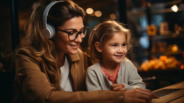 A mom spending time with her small child using technology and wearing headphones. Generative AI. 