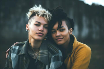 Androgynous lesbian loving couple hugging. Lifestyle portrait of transgender people.