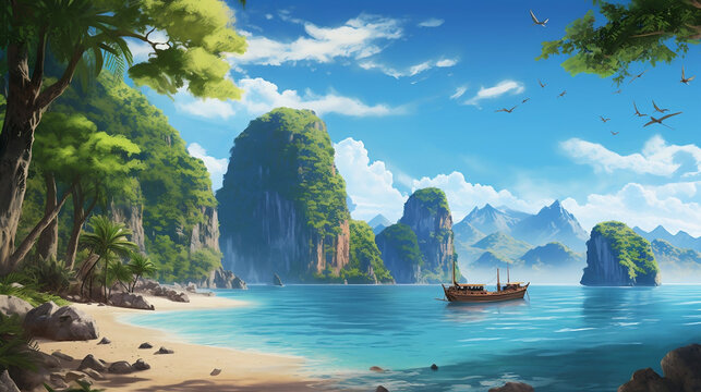tropical paradise in this captivating illustration. Feel the warm embrace of golden sands meeting the gentle turquoise waves, a weathered wooden ship rests peacefully on the tranquil waters.