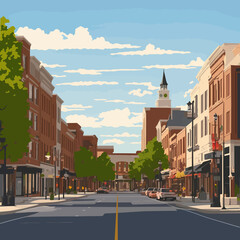 downtown small city main street  illustration - obrazy, fototapety, plakaty