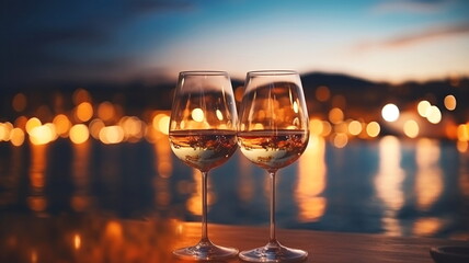  friends party ,glasses of wine on sunset sea beach cafe terrace - 632369464
