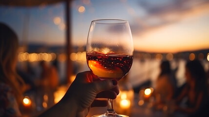 Fototapeta premium friends party ,glasses of wine on sunset sea beach cafe terrace