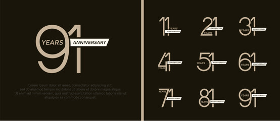 set of anniversary logo flat brown color and white ribbon on black background for celebration moment