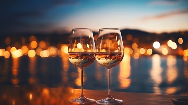  friends party ,glasses of wine on sunset sea beach cafe terrace