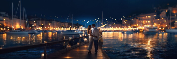 romantic couple in white clothers walk in harbor promenade,colorful blurred light of boat and city on sea water on horizon ,people relax on summer evening , 