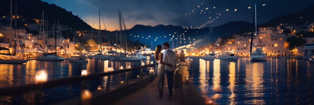 romantic couple in white clothers walk in harbor promenade,colorful blurred light of boat and city on sea water on horizon ,people relax on summer evening , 
