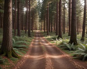 Illustration of a sunrise in a forest filled with tall trees and a walking path surrounded by nature, ideal for relaxation	