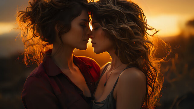 romantic photo of a couple of young lesbians of different races, different girls are in love with each other, a photo in the sunset rays at a cold hour, they are not shy about their feelings progressi