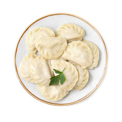 Fototapeta na wymiar Delicious dumplings (varenyky) with tasty filling and parsley isolated on white, top view