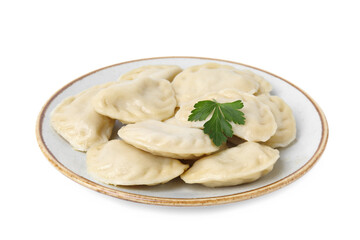Delicious dumplings (varenyky) with tasty filling and parsley isolated on white