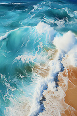 wave splashing on the sandy azure coast view from above