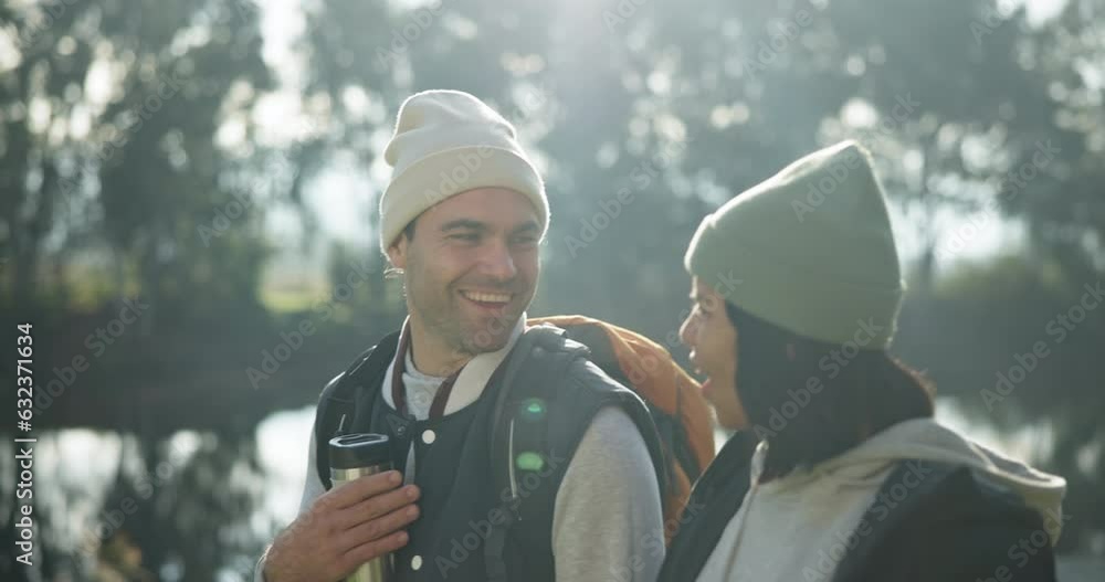 Poster Woman, man or walking hug in camping nature for trip, bonding or travel in winter countryside. Smile, talking or interracial couple in embrace for morning holiday, vacation or forest hiking adventure