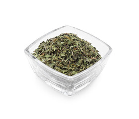 Bowl of dry tarragon isolated on white