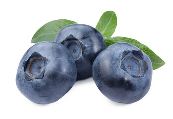 Many fresh ripe blueberries and leaves isolated on white