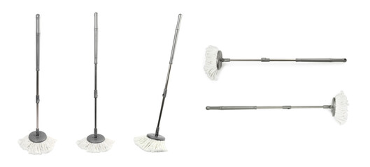 Collage with gray string mop on white background, top and side views