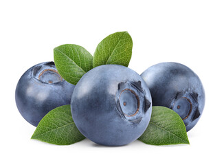Fresh ripe blueberries with green leaves isolated on white