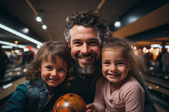 Family Enthusiastically Engages In A Game Of Bowling At The Club, Laughing, Cheering, And Enjoying Each Other's Company As They Aim For Strikes And Create Lasting Memories Together