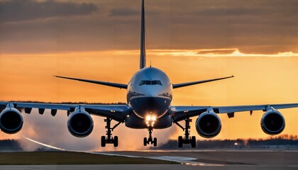 Naklejka premium Jetliner taking off from runway at sunset with landing gear down