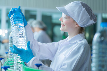 scientist worker woman checking quality of water bottles on the machine conveyor line at the industrial factory. Female worker recording data at the beverages manufacturing line production.