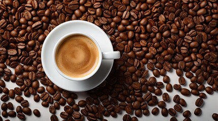 Fototapeta premium cup of hot coffee on a white table with a few coffee beans around it