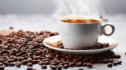 Fototapeta premium cup of hot coffee on a white table with a few coffee beans around it